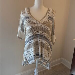 Chico’s Crochet V-Neck Knit Top in Cream, Taupe, Gold, & Gray